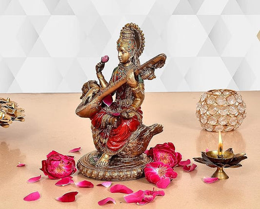 Saraswati Idol - Sculpture Hindu Goddess of Knowledge, Music (21.0cm Height X 11.0 cm Width)(Resin, Multicolour)