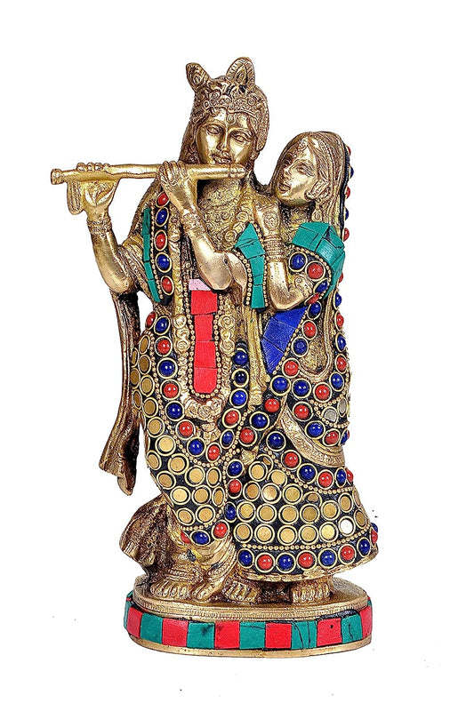 Brass Radha Krishna Idol with Stone Work (Height  8.5 Inches)