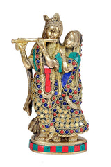 Brass Radha Krishna idol, stone inlay; Krishna raised flute, Radha at his shoulder.