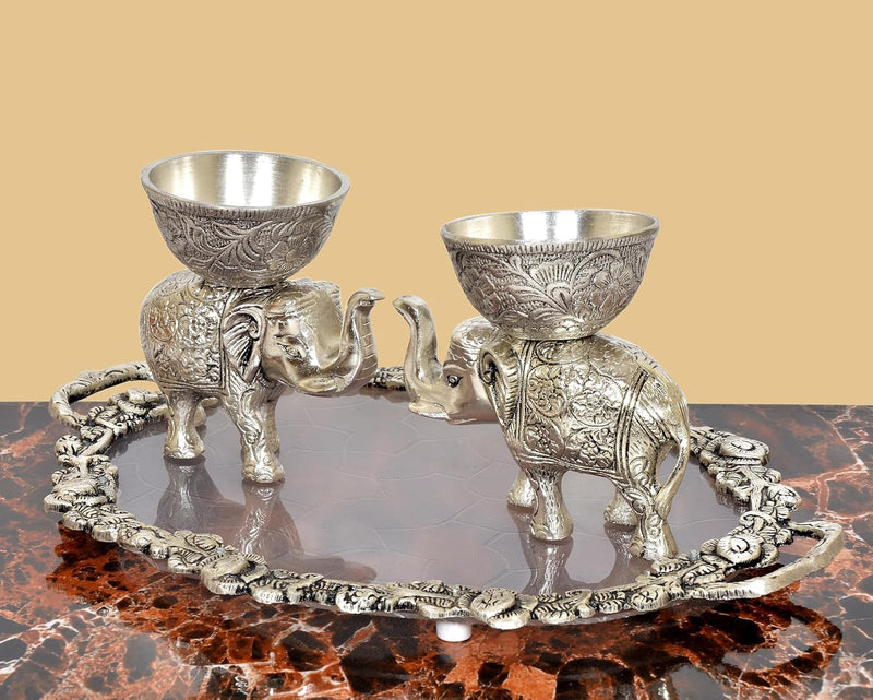 Metal Elephant Dry Fruit Bowl with Tray Silver Polish (Height: 5 inch)