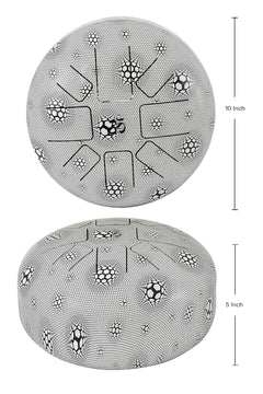 Steel happy drum size shown: 10 inch (top) and 5 inch (height), soccer pattern