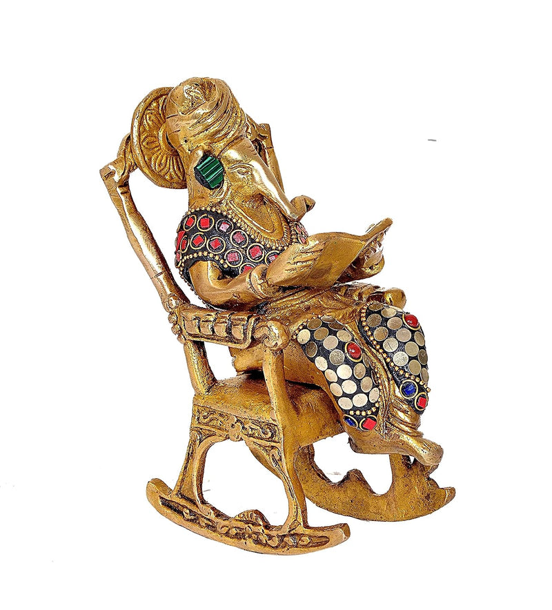 Brass Ganesha Statue Book Reading Turbaned Ganesh Sitting on Chair Sculpture, Height 7 inches