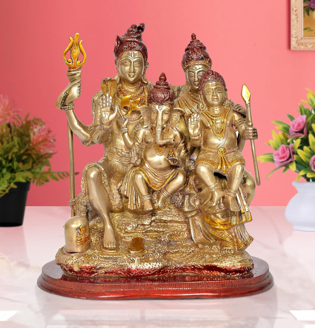 Brass Shiv Parivar family idol with four seated figures and tridents, decor mandir pooja