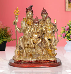 Brass Shiv Parivar family idol with four seated figures and tridents, decor mandir pooja