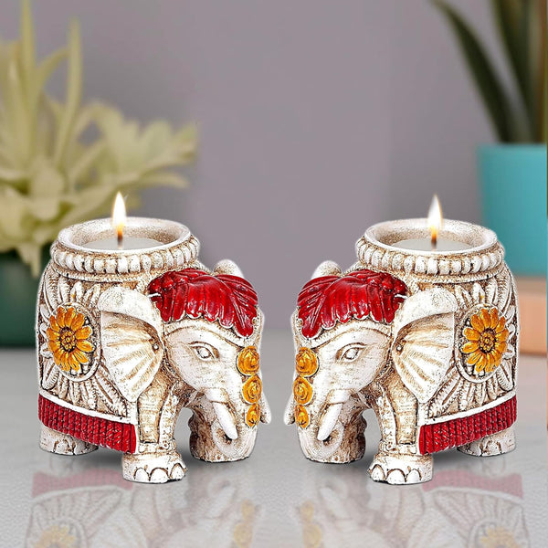 Resin Tea Light Candle Holder Elephant 2 pcs Set (Height: 3.5 Inches) Mandir Setting