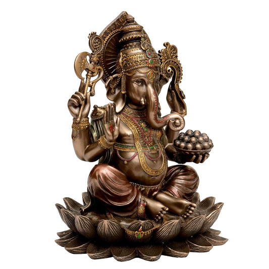 Bonded Bronze Ganesha Statue On Lotus  (Height 25 cm)