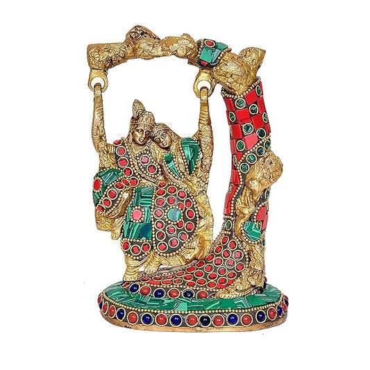 Lord Radha Krishna On Jhula Statue/Radhey Shyam Idol Multicolor in Brass (Height: 6.5")