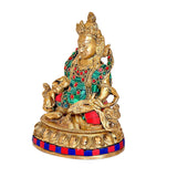 Brass Kuber idol, three-quarter view with ornate crown and colorful gemstone-like inlays