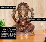 Brass Ganpati Bappa murti with multicolor finish; 7.5 inch height, detailed ornaments.