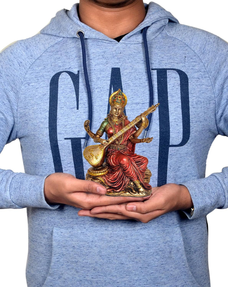 Saraswati Idol - Sculpture Hindu Goddess of Knowledge, Music (Resin, Multicolour) Height 6" inches