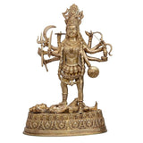 Maa Kali brass idol showpiece, crowned four-armed figure with engraved pedestal