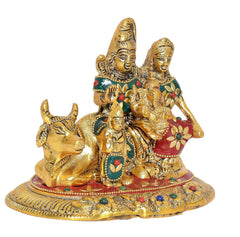Metal Shiva Parvati Kartikeya & Ganesha with Nandi figurine, side view on round base