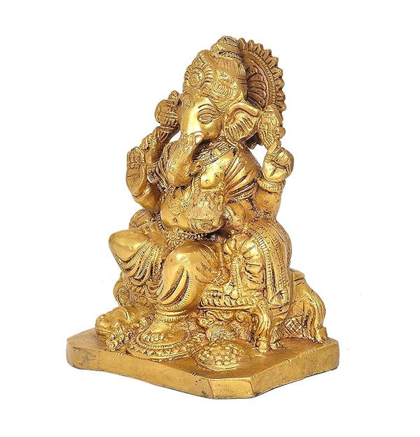 Brass Ganesha Idol Statue On Base Giving Blessings for Home Decor Temple | Height : 6 inches