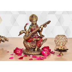 Saraswati Idol - Sculpture Hindu Goddess of Knowledge, Music (21.0cm Height X 11.0 cm Width)(Resin, Multicolour)