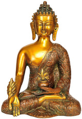Lord Buddha statue, gold brass seated with left hand on knee, patterned robe