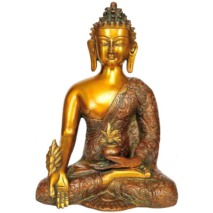 Lord Buddha statue, gold brass seated in thinking pose, ornate robe and halo