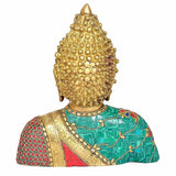Brass Buddha head sculpture, gold crown detail with teal and red mosaic robe front