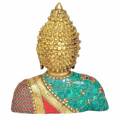 Brass Buddha head sculpture, gold crown detail with teal and red mosaic robe front