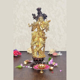 Brass Krishna playing flute idol, 14 inches, ornate crowned figure with musical instruments