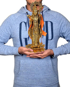 13 inch Shree Ram ji metal idol statue held in hands, golden figure with orange robe