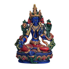 Resin Blue Tara statue, front view: blue seated goddess with red and green details