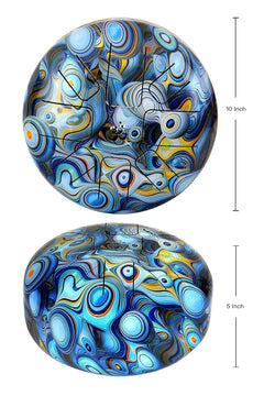 Steel tongue drum dimensions shown: 10 inch and 5 inch; blue peacock design