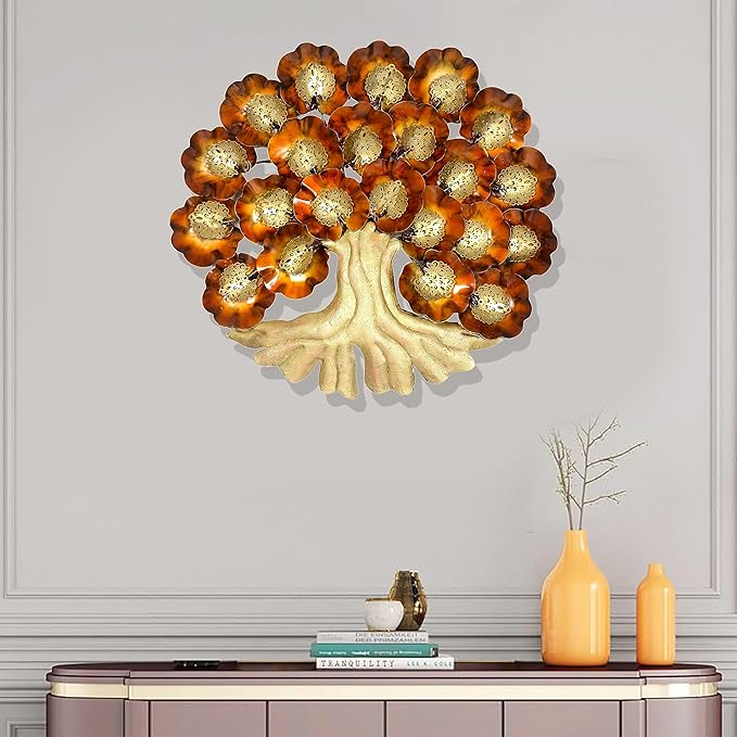 AONA iron tree wall hanging with warm LED lights, bronze leaves and golden trunk