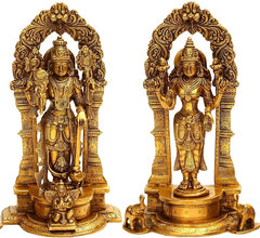 Brass Maa Lakshmi & Lord Vishnu idol, 9.5 in; seated figures with ornate arch.