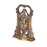 Brass Venkateswara idol standing, ornate arch columns and detailed jewelry patterns