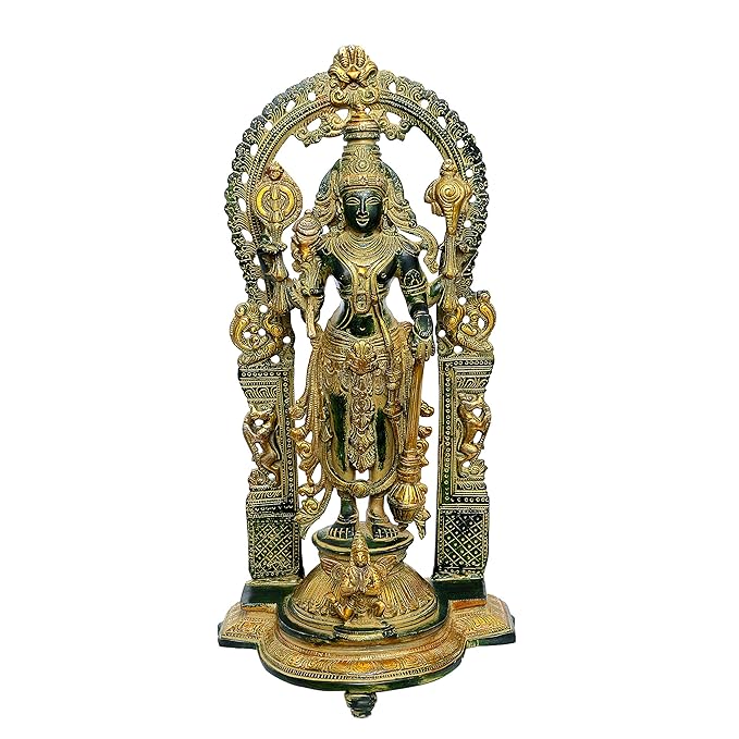 Brass Lord Vishnu with Prabhavali Statue (Height 16.1 Inches)