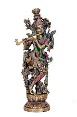 Brass Krishna statue full front view, flute raised, multicolor draped details on figure