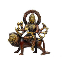 AONA brass Durga goddess statue on lion, four arms, halo headdress