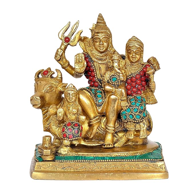 Brass Shiv Parivar statue with trident, red bead garlands, turquoise inlay, green base