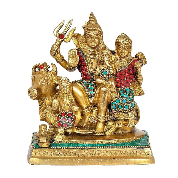 Brass Shiv Parivar Statue Idol for Home Decor Showpiece | Height : 6 Inches (Green Multi)