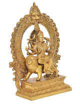 Brass Durga maa with lion idol, angled view of ornate circular halo and headdress