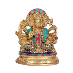Brass Panchmukhi Hanuman idol, front view: turquoise tunic with jeweled belt