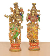 Brass Radha Krishna idol, two standing figures, intricate Meenakari detailing