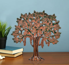 Kalpavriksha tree table figurine: bronze metal tree with green leaf details