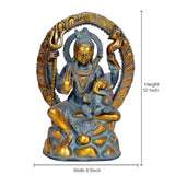 Shiva sculpture size view showing 12 inch height; dark blue and gold seated idol