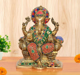 Brass Ganesha statue sitting on singhasan, multicolor painted details, 9.5 in