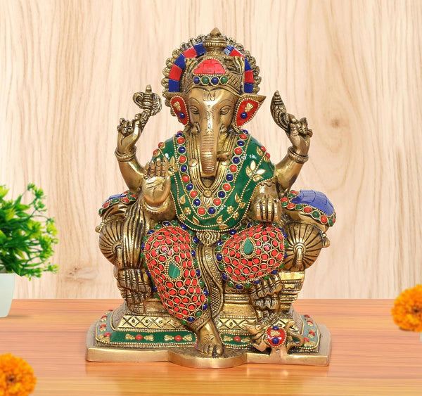 Brass Ganesha Statue Sitting On Singhasan (Height 9.5 Inch)