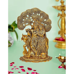 Goldenes Radha-Krishna-Metallidol mit Baum-Aufschnitt, sitzend mit Kuh, Deko