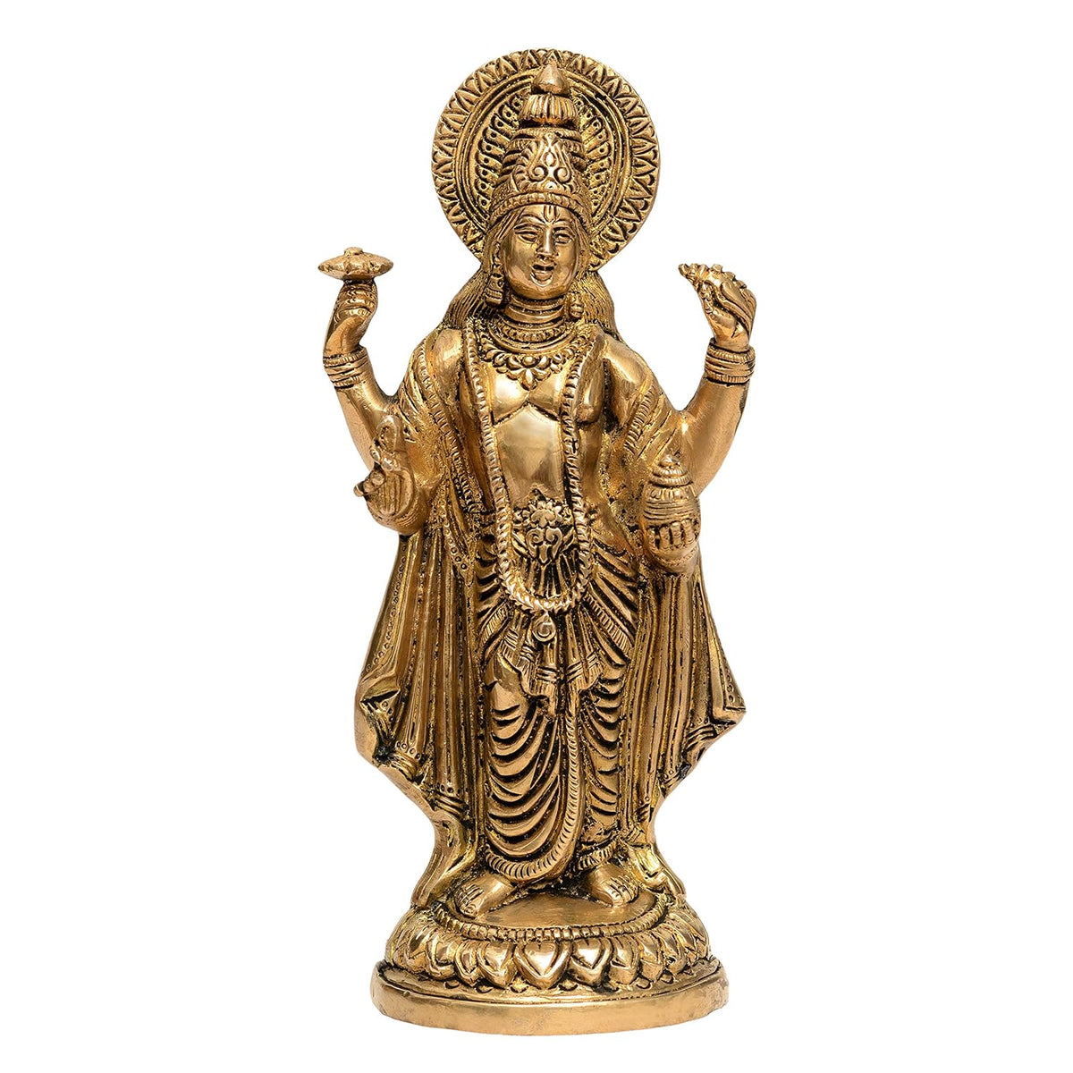Brass Dhanvantari statue with raised arms and ornate crown, standing on base