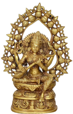Brass Saraswati figurine with detailed face and carved halo ring, seated with veena