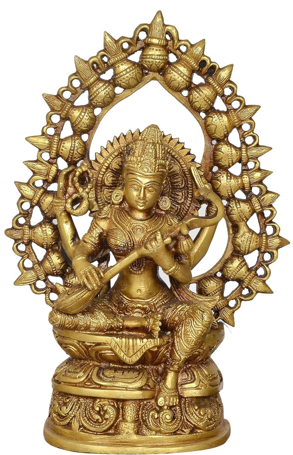 Brass Maa Saraswati Statue Handcrafted Hindu Goddess Saraswati Idol for Home Decor and Pooja Statue (Height 10.5 Inch) Entryway Setting