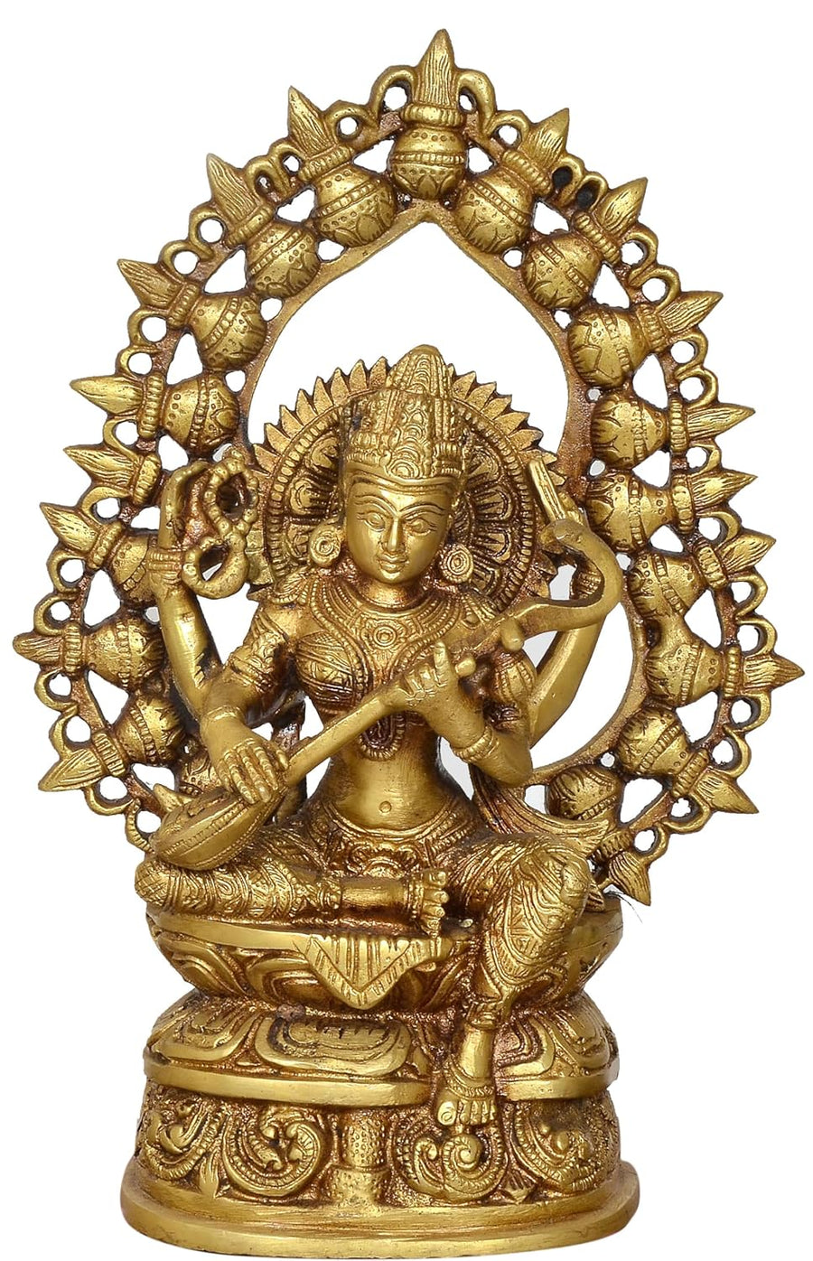 Brass Maa Saraswati Statue Handcrafted Hindu Goddess Saraswati Idol for Home Decor and Pooja Statue (Height 10.5 Inch) Craft Detail