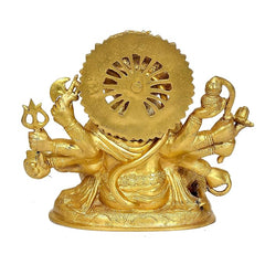 Brass Panchmukhi Hanuman idol, back view with circular halo and raised hands