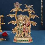 AONA brass Radha-Krishna idol with cow under tree, ornate enamel details, 18 in