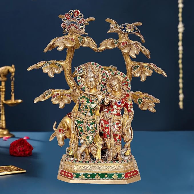 AONA brass Radha-Krishna idol with cow under tree, ornate enamel details, 18 in