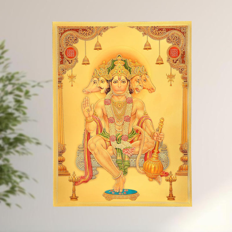 AONA Gold Foil Plated Panchmukhi Hanuman ji Wall Poster